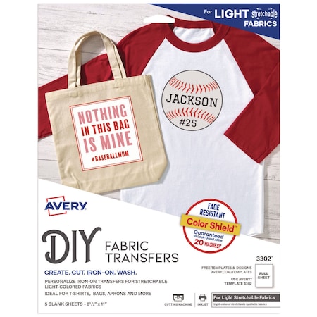 Avery Fabric Transfers, 8.5 x 11, White, PK5, 5PK 3302